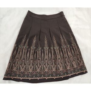 Ann Taylor LOFT Petite 2P Embroidered Border Skirt Brown A-Line Boho Floral